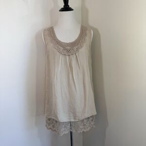 Tendenze Top Women’s M Biege 100% Silk Flowy Boho Lace Layers Sleeveless Italy